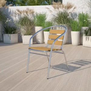Commercial Aluminum Indoor-Outdoor Stack Chair with Triple Slat Faux Teak Back