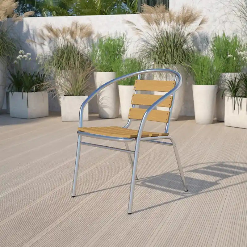 Commercial Aluminum Indoor-Outdoor Stack Chair with Triple Slat Faux Teak Back