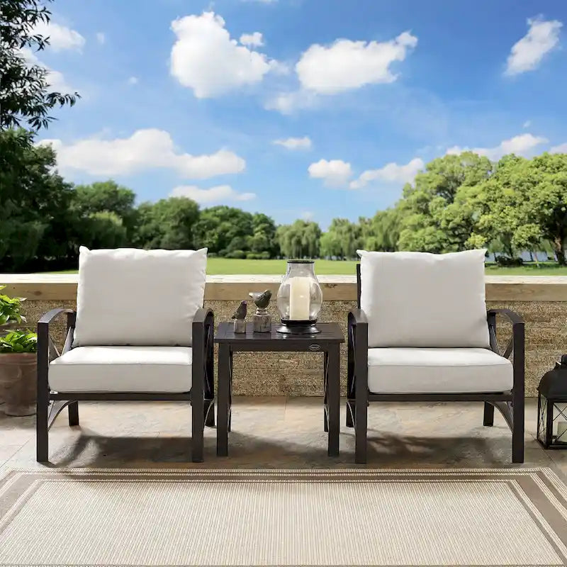 kaplan 3 pc outdoor seating set with oatmeal cushion - two chairs, side table - 98W x 30.5D x 35H