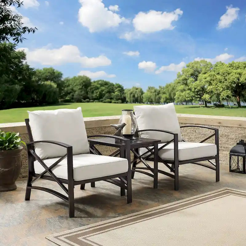 kaplan 3 pc outdoor seating set with oatmeal cushion - two chairs, side table - 98W x 30.5D x 35H