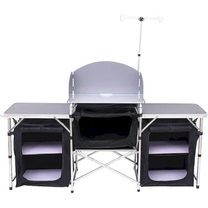 Folding Kitchen Camping Table, Portable and Aluminum Cooking Station Outdoor Table w/Storage and Light Stand