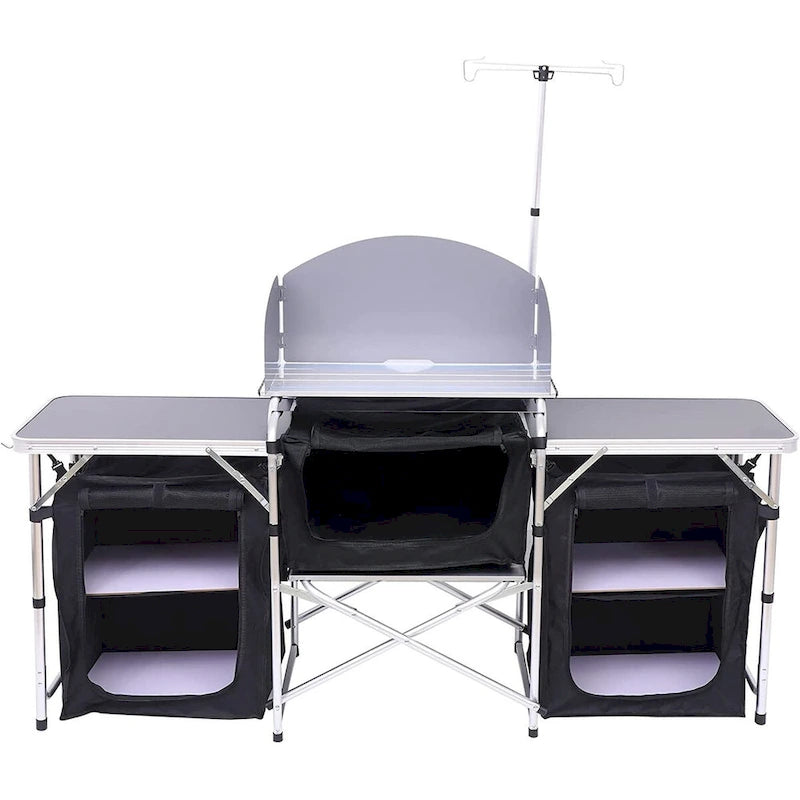 Folding Kitchen Camping Table, Portable and Aluminum Cooking Station Outdoor Table w/Storage and Light Stand