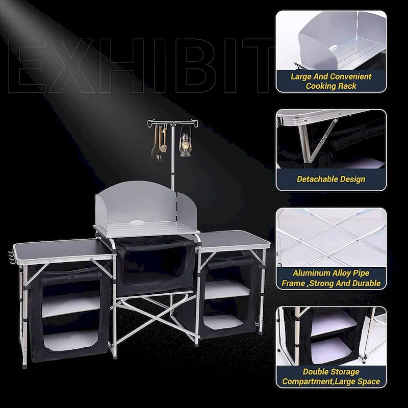Folding Kitchen Camping Table, Portable and Aluminum Cooking Station Outdoor Table w/Storage and Light Stand