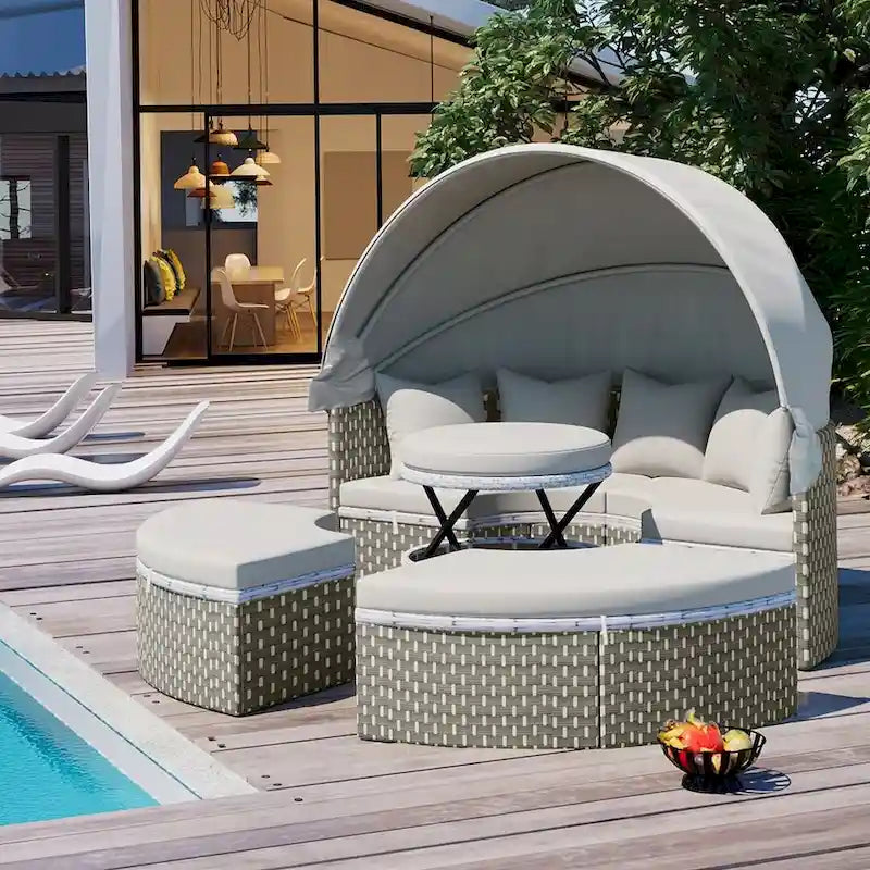 4-piece Outdoor Wicker Patio Round Daybed Sectional Sofa Set with Retractable Canop