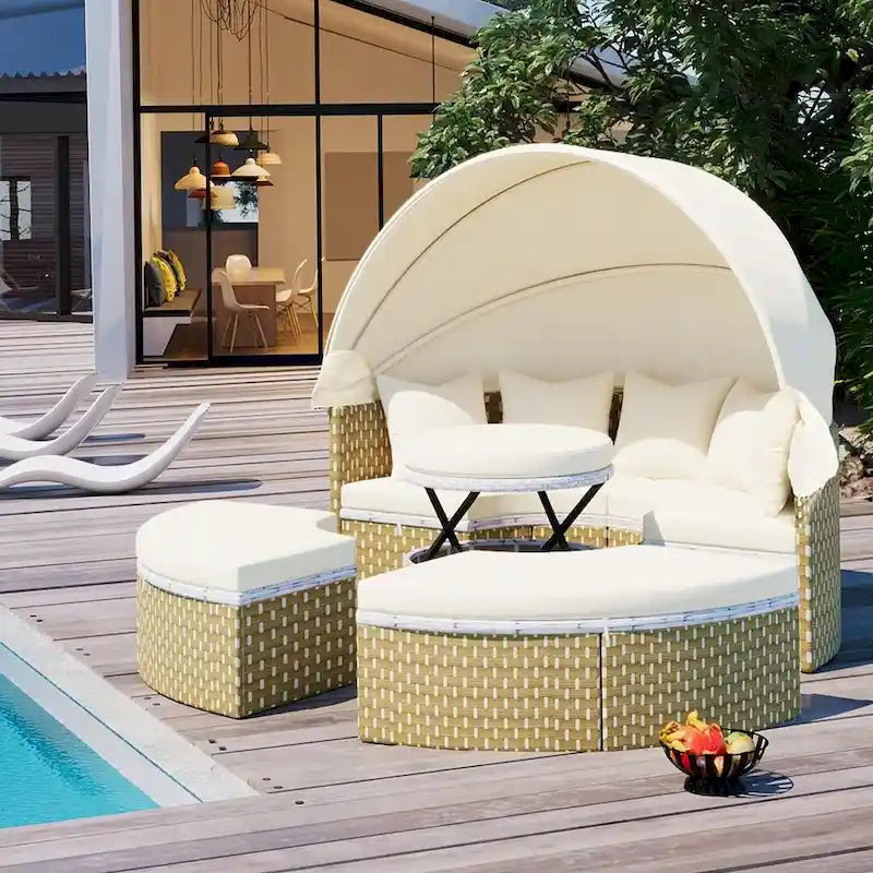 4-piece Outdoor Wicker Patio Round Daybed Sectional Sofa Set with Retractable Canop