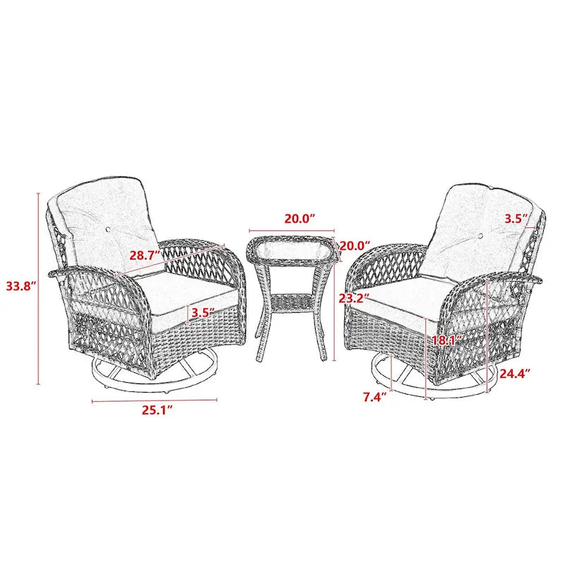 3 Pieces Outdoor Swivel Rocker Patio Chairs, 360 Degree Rocking Patio Conversation Set with Thickened Cushions and Coffee Table