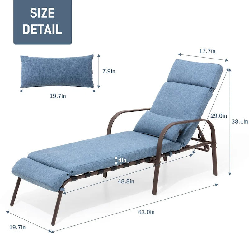 VredHom Outdoor Adjustable Chaise Lounge Chair with Cushion and Pillow - 62.9 L x 19.69 W x 37.80 H