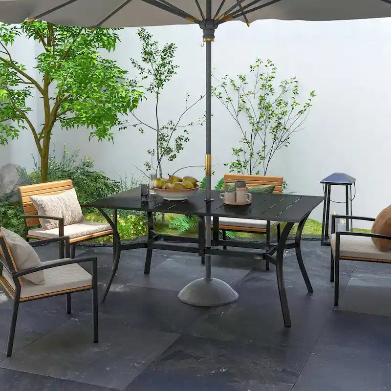 Rectangle Outdoor Dining Table with Umbrella Hole, Steel Frame