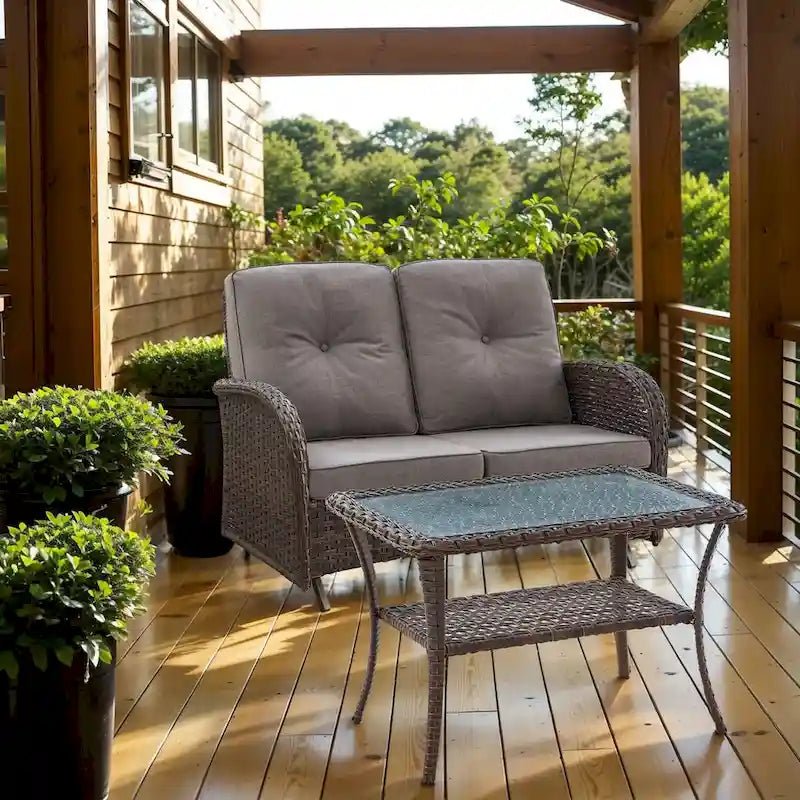 Outdoor Handwoven Wicker Loveseat Glider with Table - Brown