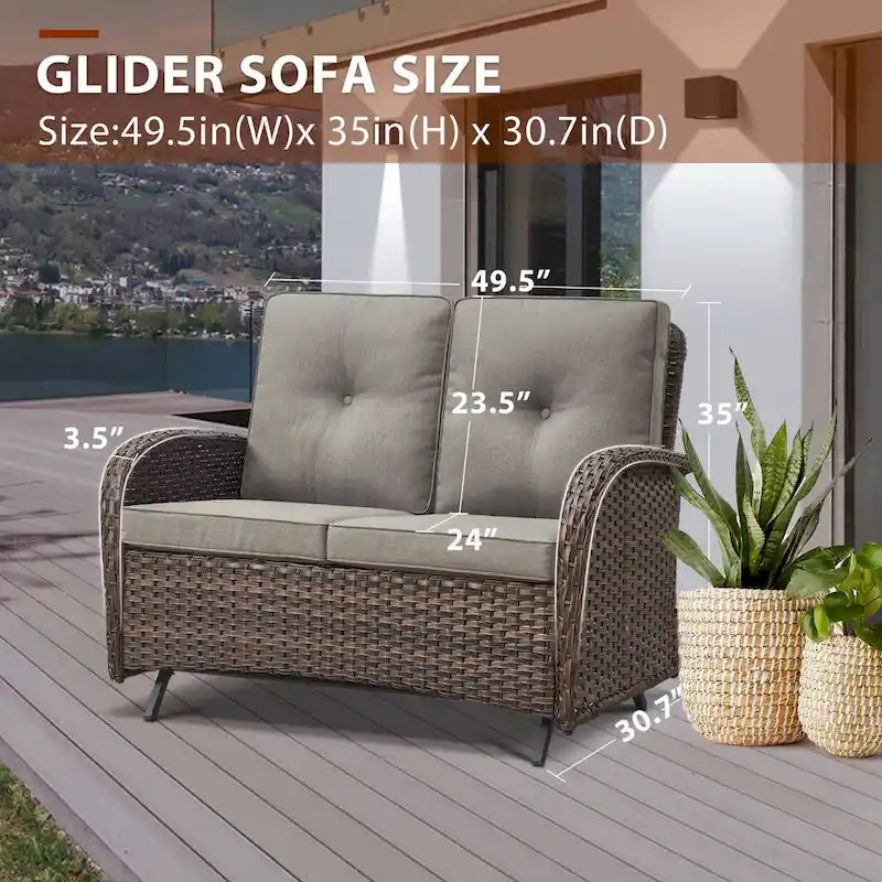 Outdoor Handwoven Wicker Loveseat Glider with Table - Brown