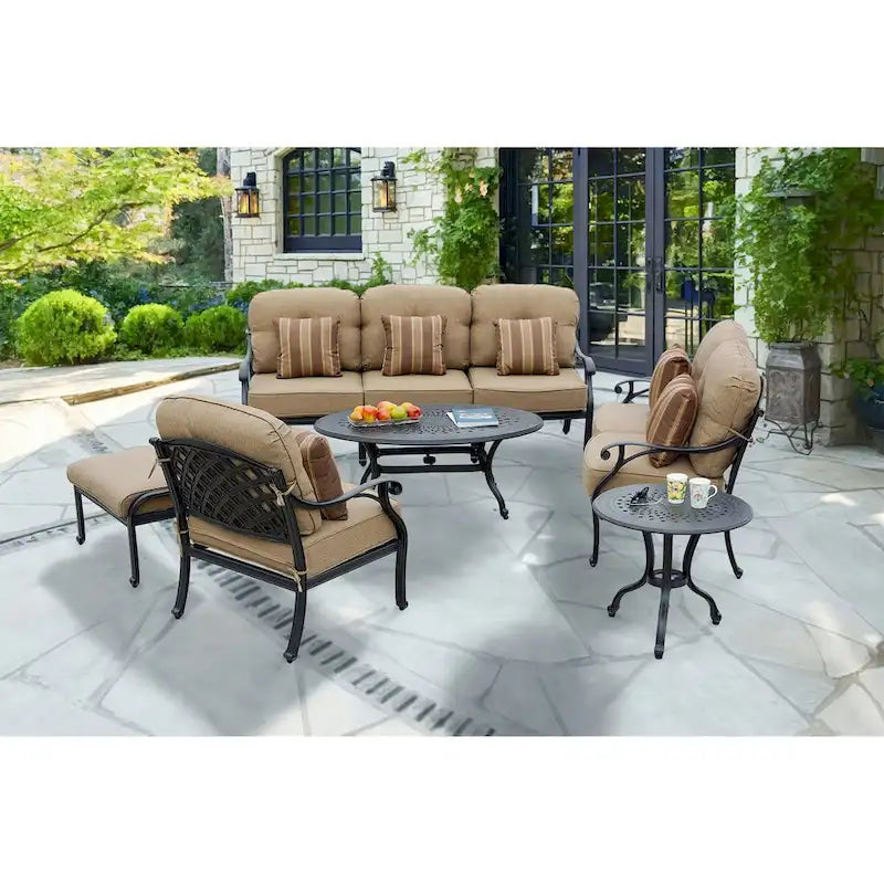 Nassau 6-Piece Patio Propane Fire Pit Deep Seating Set with Cushions and 24 Round End Table and 31 x 46 Oval Coffee Table