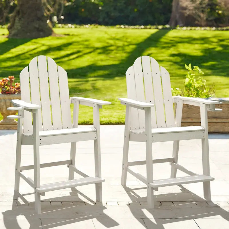 LUE BONA Outdoor Adirondack Chairs with Cup Holder Bar Height Adirondack Bar Stool with Arms for Patio, Garden, Deck (Set of 2)