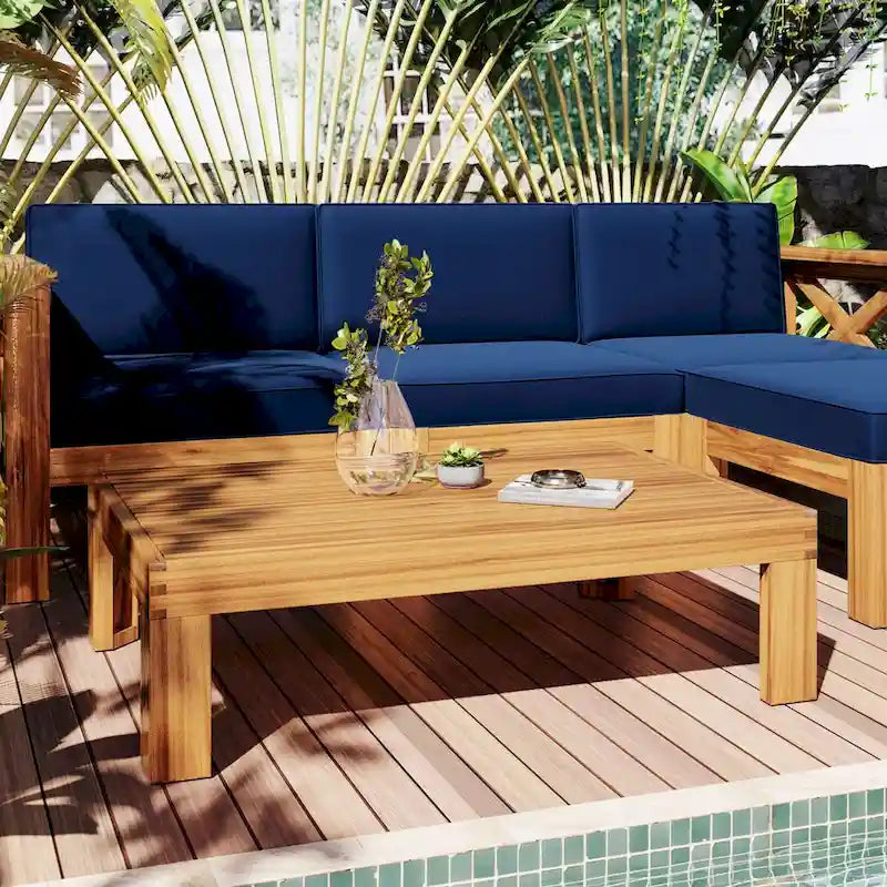 5-Piece Outdoor Backyard Patio Wood Sectional Sofa Seating Group Set with Cushions, Natural Finish+ Cushions