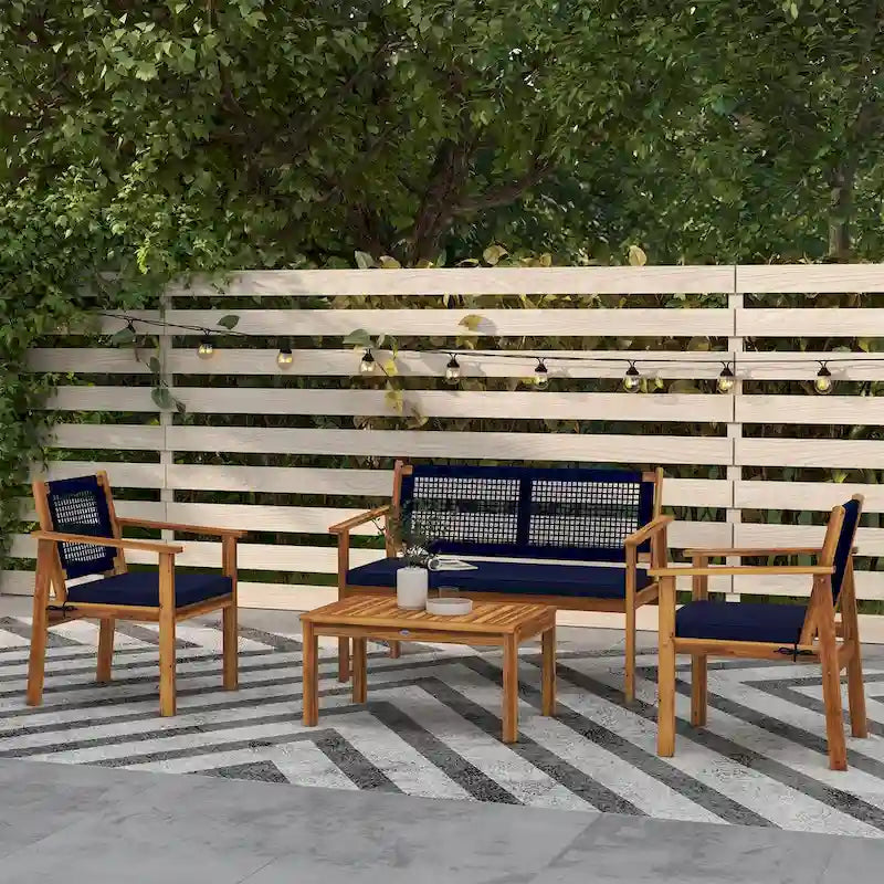 Outsunny 4 Piece Patio Conversation Set with Cushions, Acacia Wood Outdoor Furniture with Loveseat, Armchairs, Slatted Wood Top