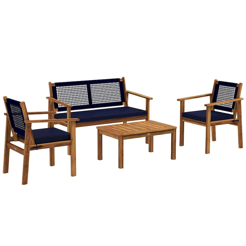Outsunny 4 Piece Patio Conversation Set with Cushions, Acacia Wood Outdoor Furniture with Loveseat, Armchairs, Slatted Wood Top