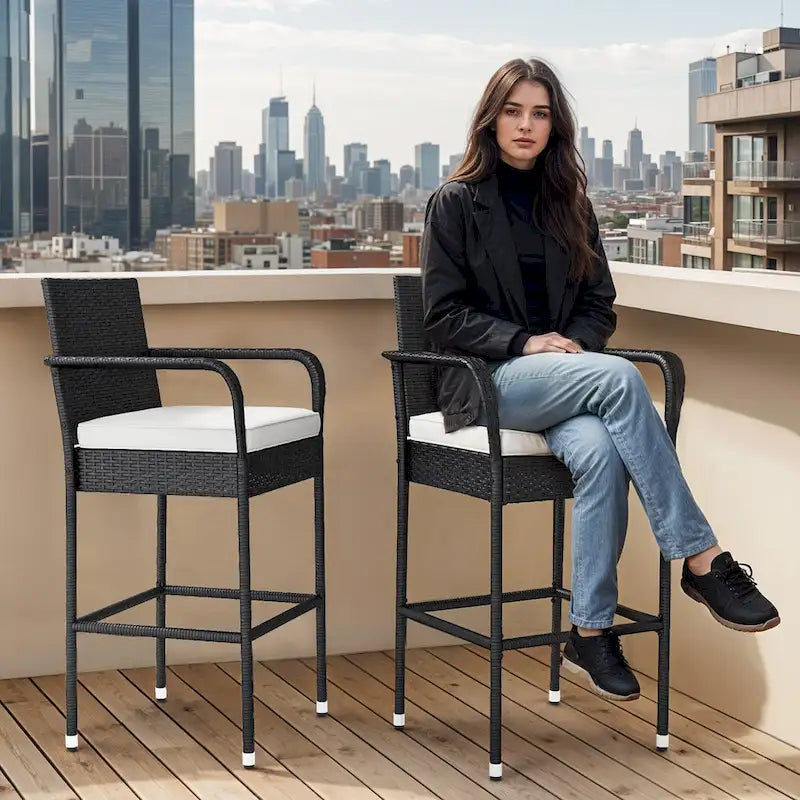 2Pcs Patio Bar Stools Wicker Barstools