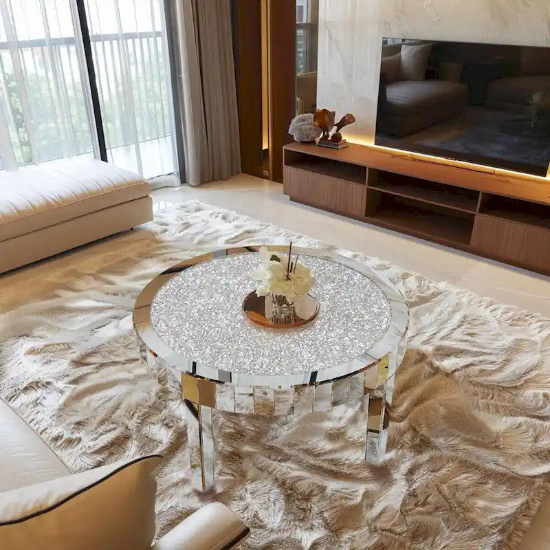 Mirrored Glass Coffee Table with Crystal Diamonds Surface Mirror Beveled Side Table