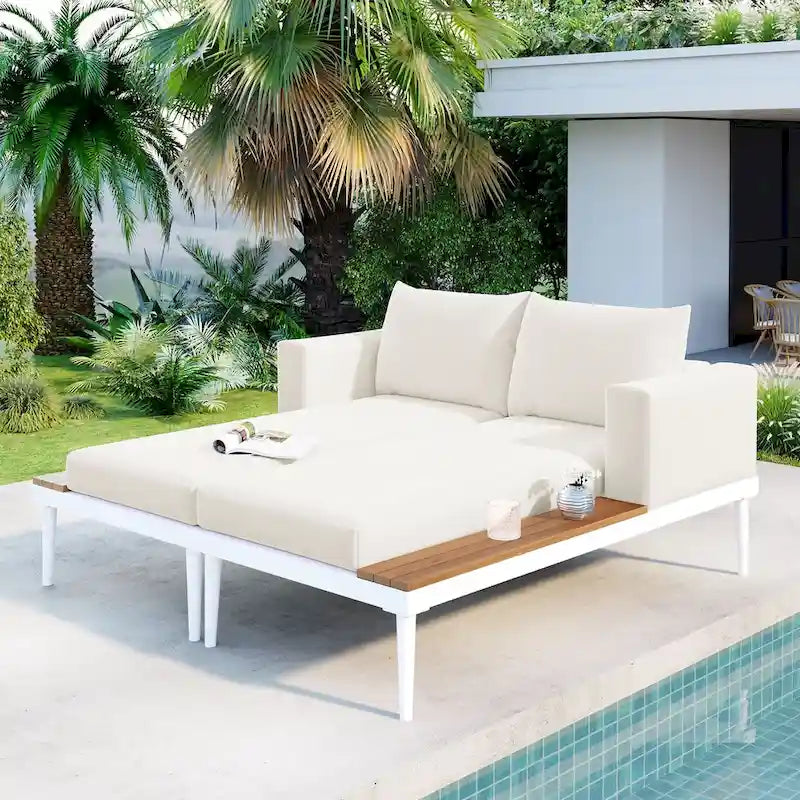 Modern Outdoor Daybed Patio Metal Daybed with Wood Topped Side Spaces for Drinks, 2 in 1 Padded Chaise Lounges for Poolside
