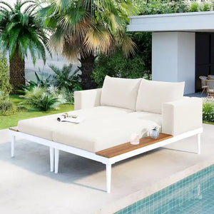 Modern Outdoor Daybed Patio Metal Daybed with Wood Topped Side Spaces for Drinks, 2 in 1 Padded Chaise Lounges for Poolside
