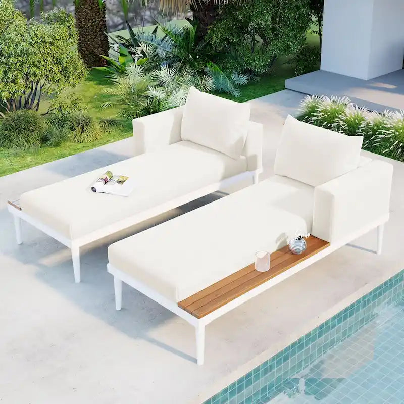 Modern Outdoor Daybed Patio Metal Daybed with Wood Topped Side Spaces for Drinks, 2 in 1 Padded Chaise Lounges for Poolside