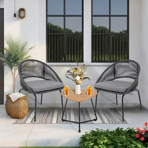 3 Piece Handmade Rope Bistro Set, Outdoor Balcony Set Furniture w/Cushion & Coffee Table - N/A