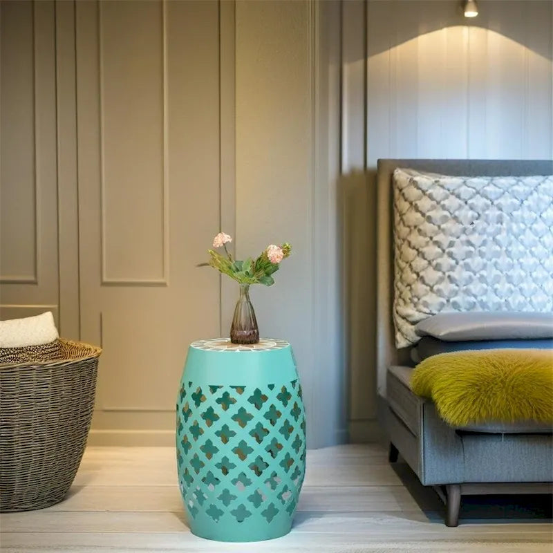 Patio Round Side Table,Outdoor Footstool,Garden Mosaic Side Table