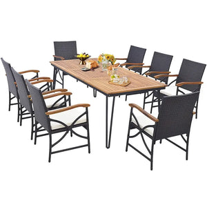 9 PCS Patio Rattan Dining Set Outdoor Table&Chair Set w/ Umbrella Hole