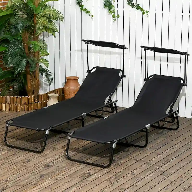 Outsunny Folding Chaise Lounge Pool Chairs with Canopy Shade