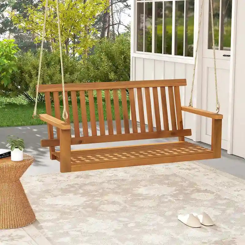 2-Seat Porch Swing Bench Acacia Wood Chair with 2 Hanging Hemp Ropes