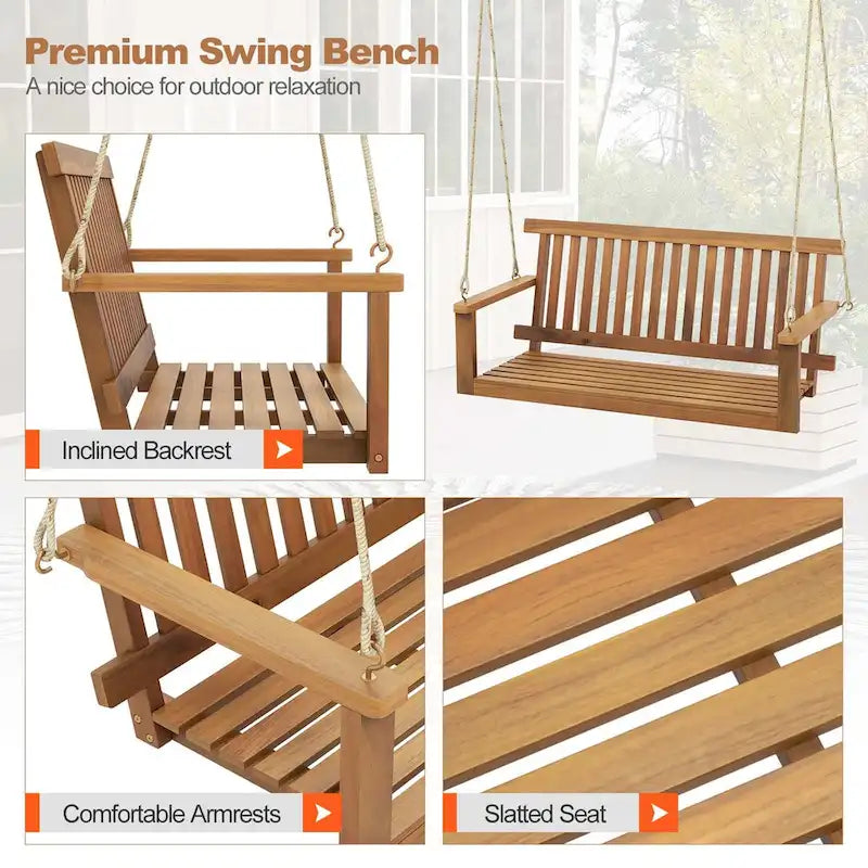 2-Seat Porch Swing Bench Acacia Wood Chair with 2 Hanging Hemp Ropes
