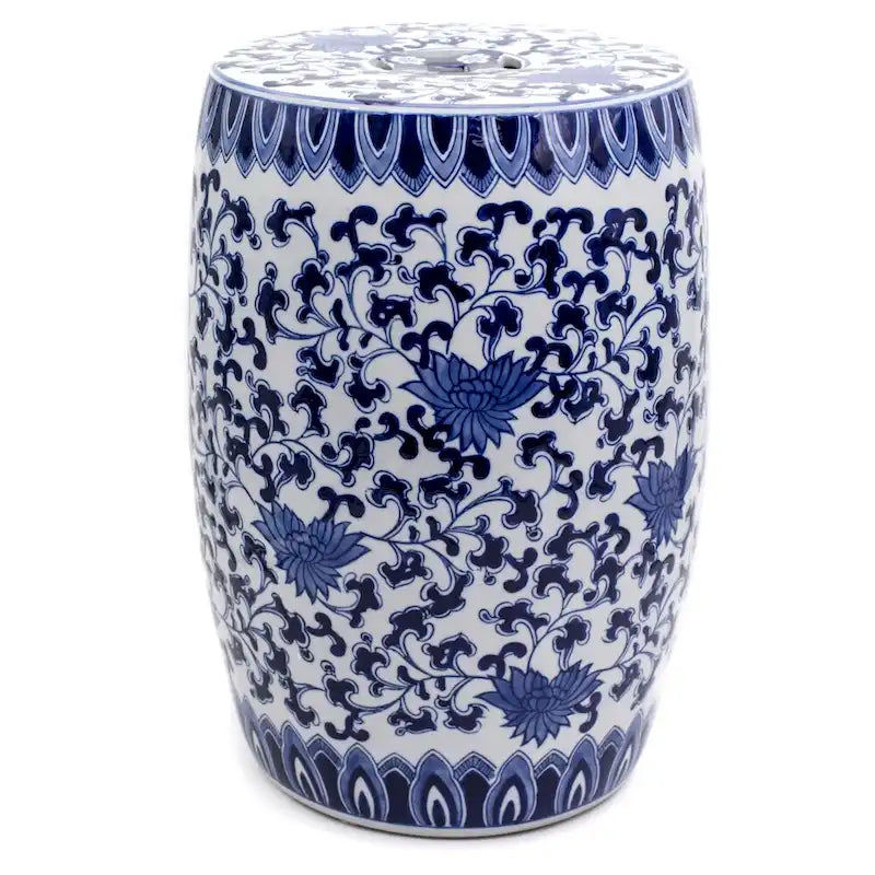 Euro Ceramica 16 Blue and White Decorative Lotus Drum Stool - 10.75 in. x 10.75 in. x 16 in.