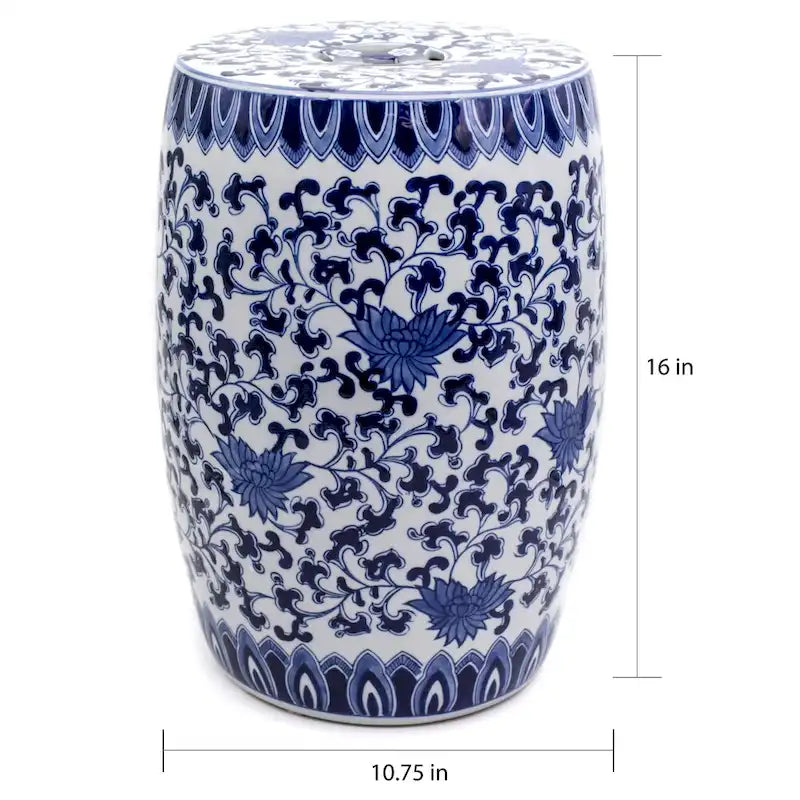 Euro Ceramica 16 Blue and White Decorative Lotus Drum Stool - 10.75 in. x 10.75 in. x 16 in.