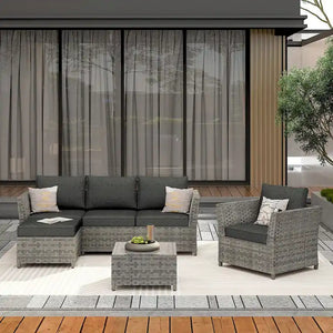 OVIOS 6-Piece Patio Grey Wicker Conversation Set