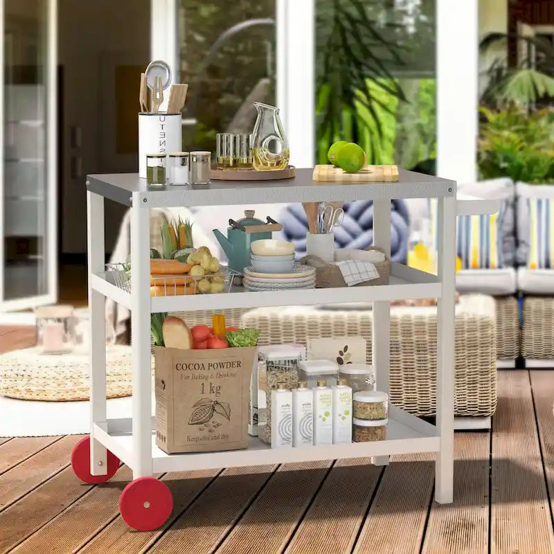 Outdoor 3-Shelf Grill Cart Table, Stainless Steel Dining Cart with Wheels for Pizza Oven, Patio Grilling Backyard BBQ