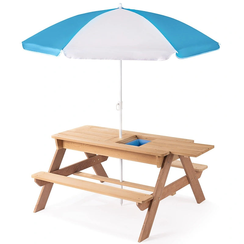 3-in-1 Outdoor Wooden Picnic Table with Umbrella